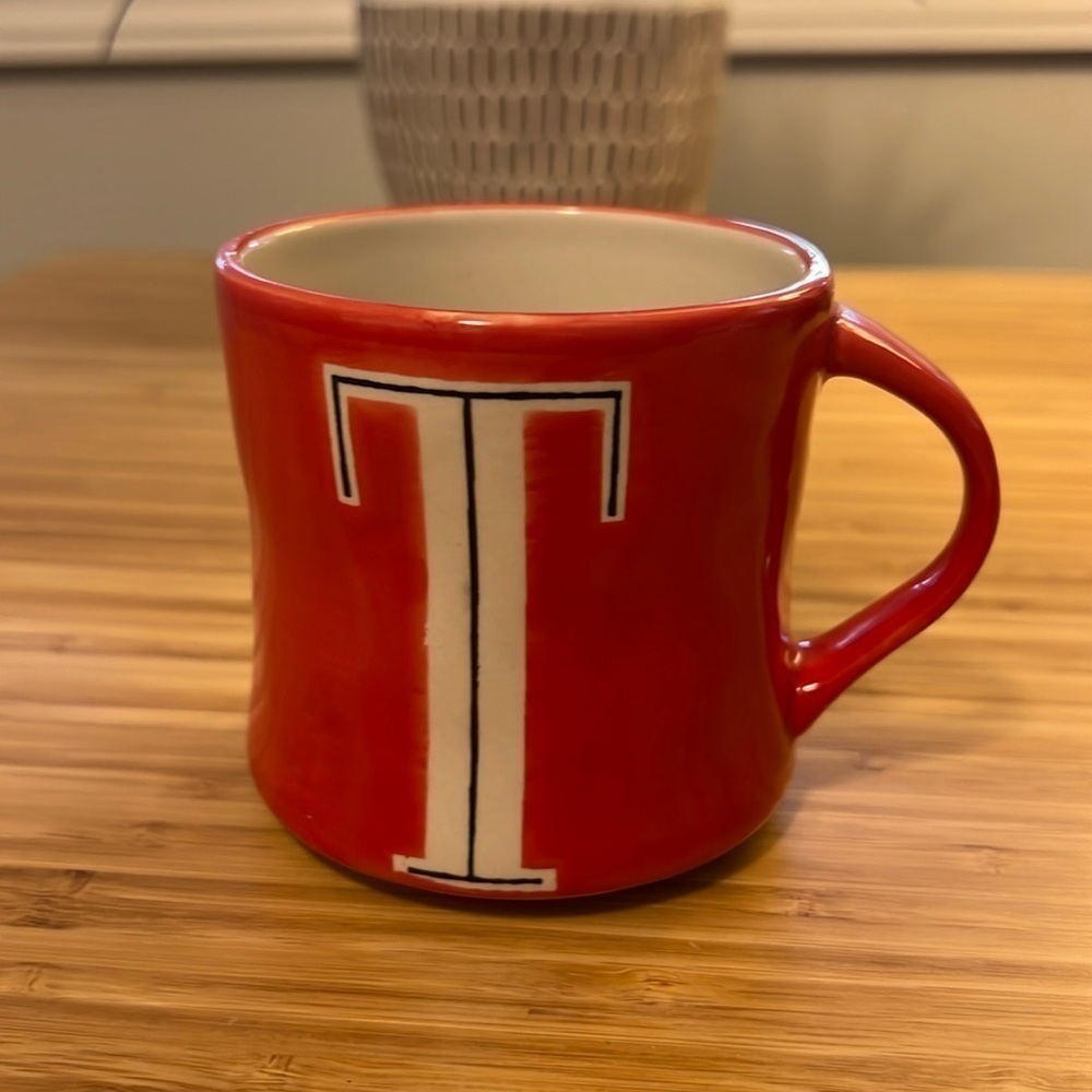 Anthropologie Monogram Letter T Mug Coffee / Tea Hand Painted Coral Black